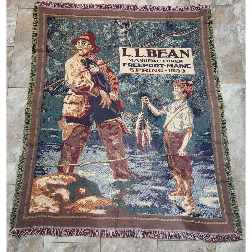 L.L. Bean Throw Blanket Woven Tapestry Vintage Fishing Scene Spring 1933 Fringed